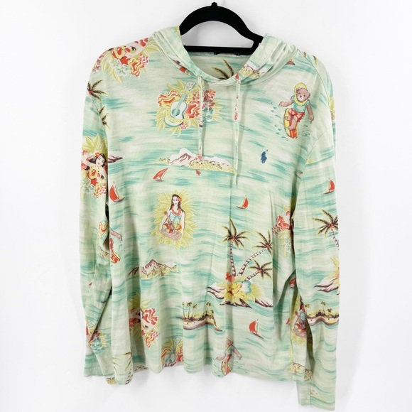 ✅ Polo Ralph Lauren Hula Girl Surf Hawaiian Bear Light Hoodie Sweatshirt Sz LG - Picture 1 of 11